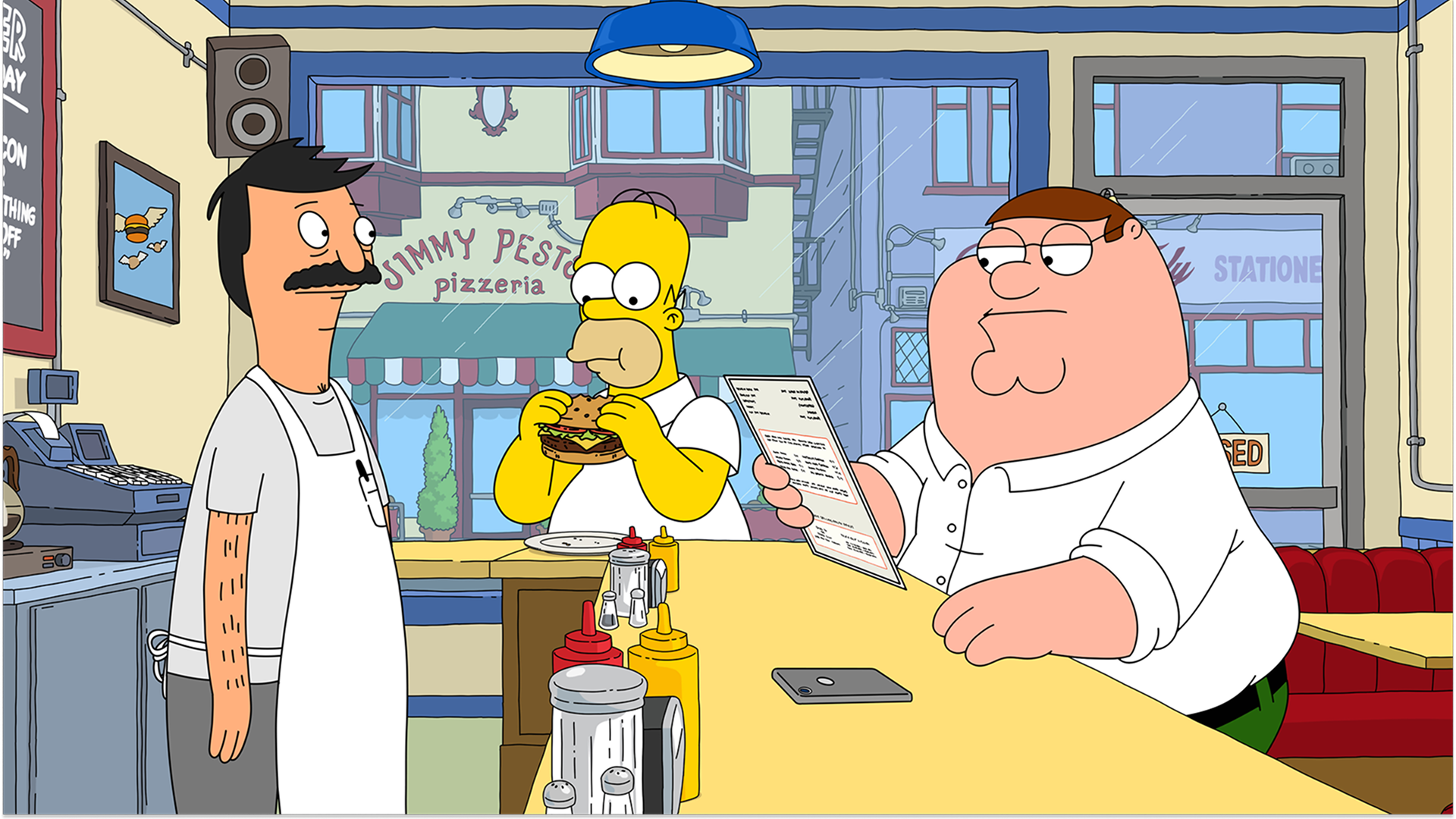 Peter Griffin from Family Guy, Homer Simpson from The Simpsons, and Bob Belcher from Bob's Burgers in Bob’s burger restaurant.