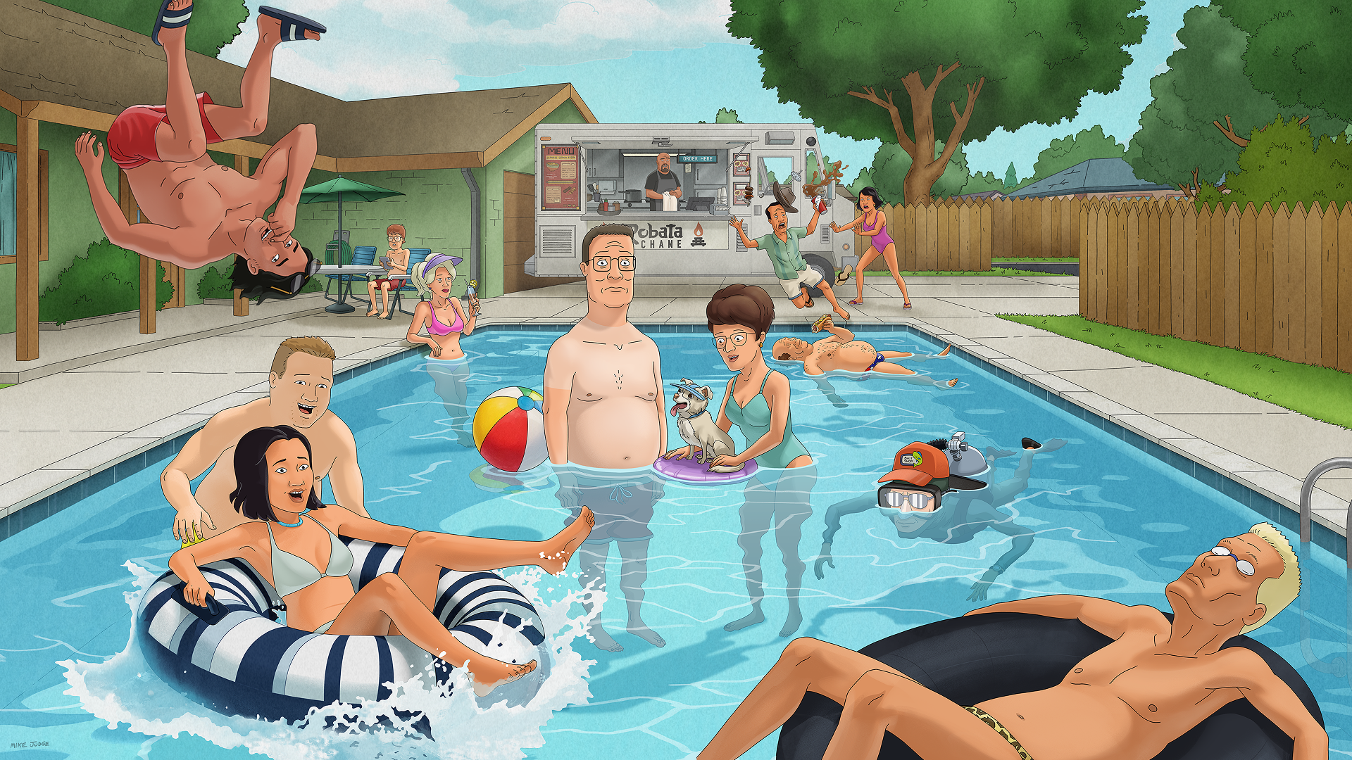 King of the Hill characters in a pool on the poster for Season 15
