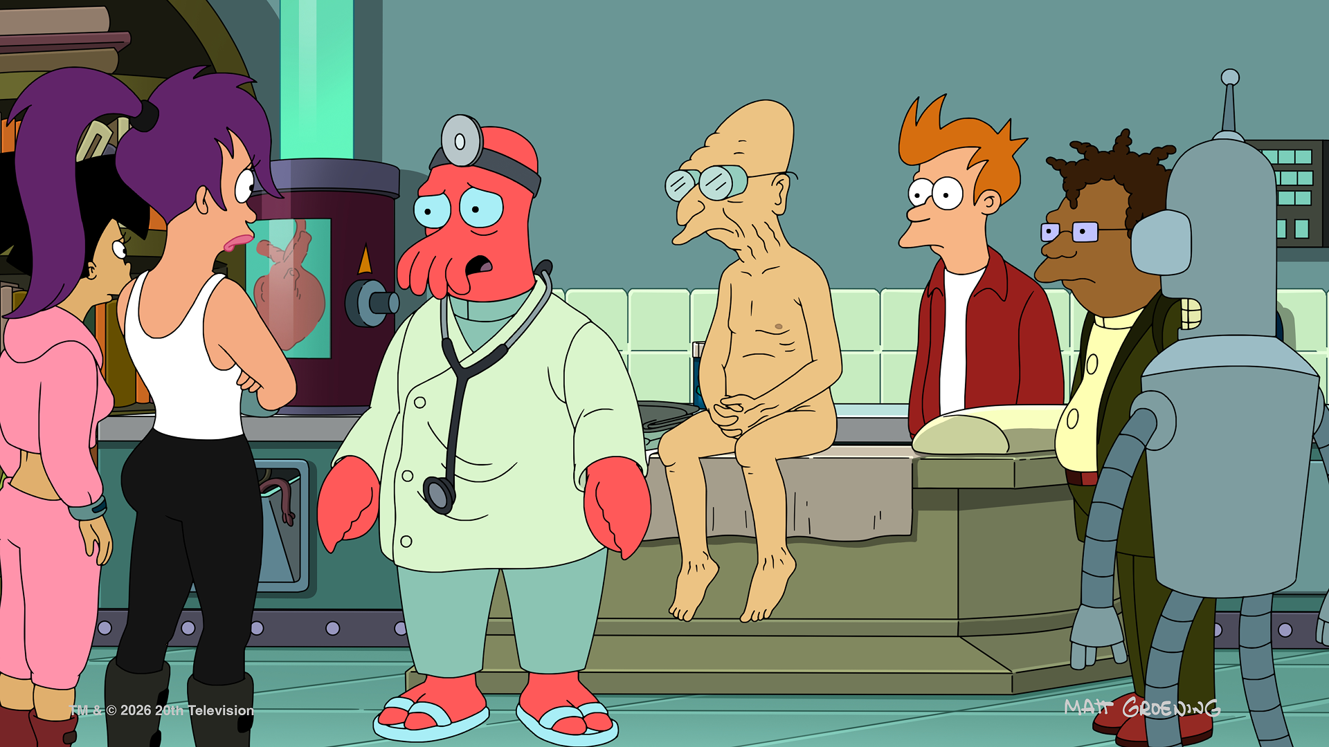 Dr. Zoidberg in a lab coat and a nude Professor Farnsworth on a table while Leela, Fry and Hermes look on