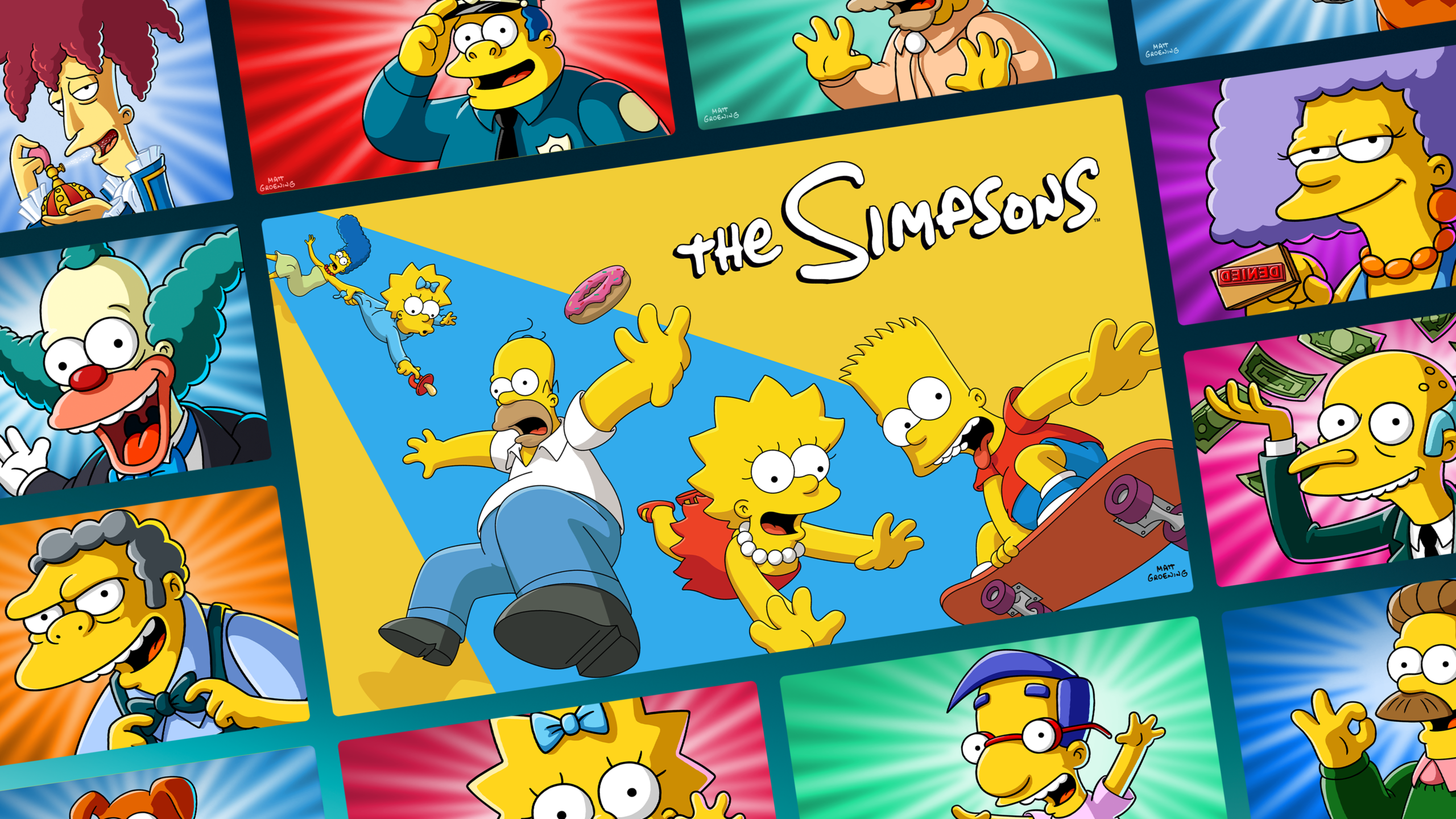 A large, tilted yellow rectangle takes up the middle of the frame, showcasing the core Simpson family—Homer, Bart, Lisa, Marge, and Maggie—running and falling in mid-air below the iconic white, stylized "The Simpsons" logo. A pink frosted donut floats near Homer.