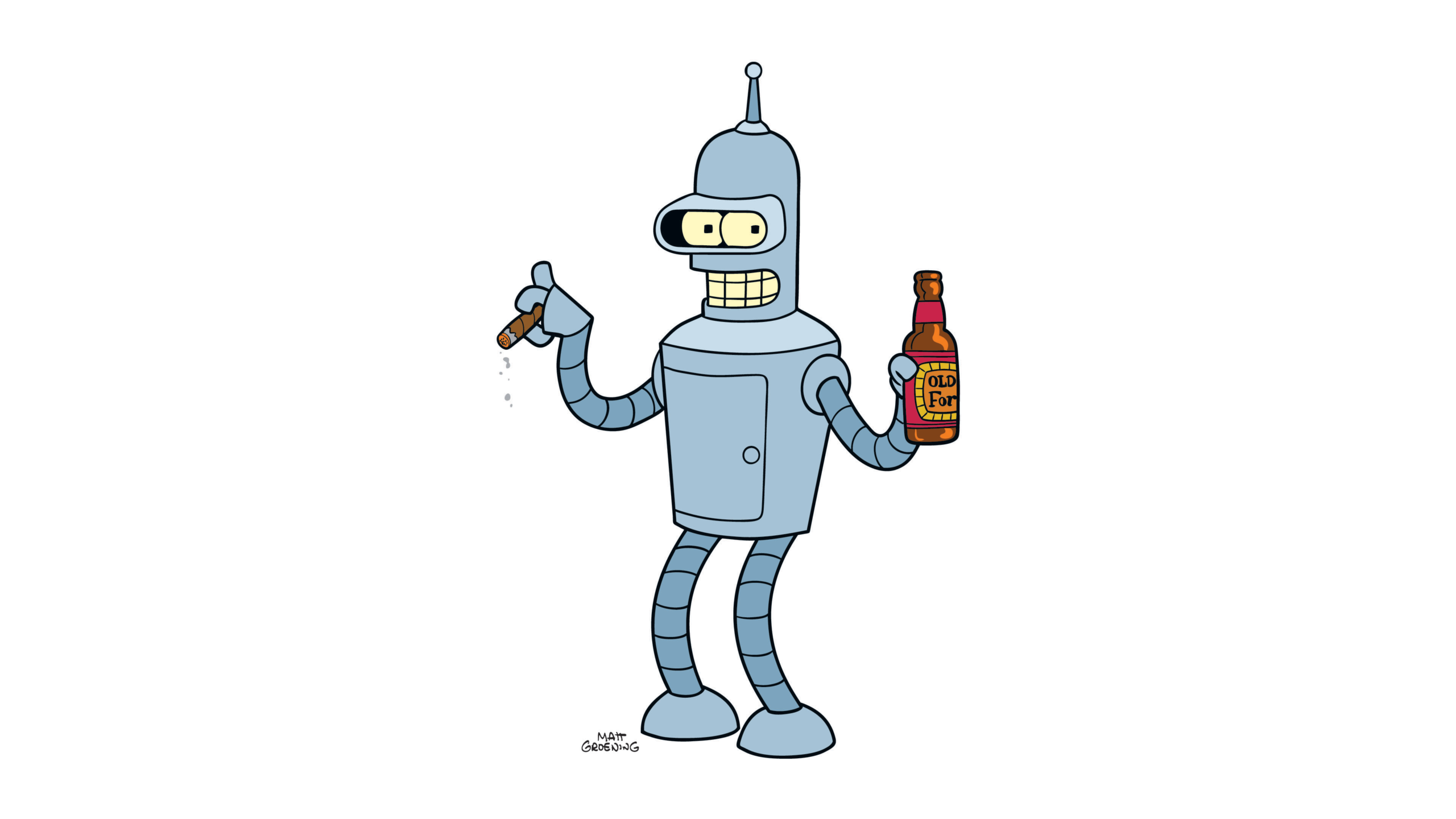 Bender the robot holding a cigar and a bottle of Olde Fortran malt liquor