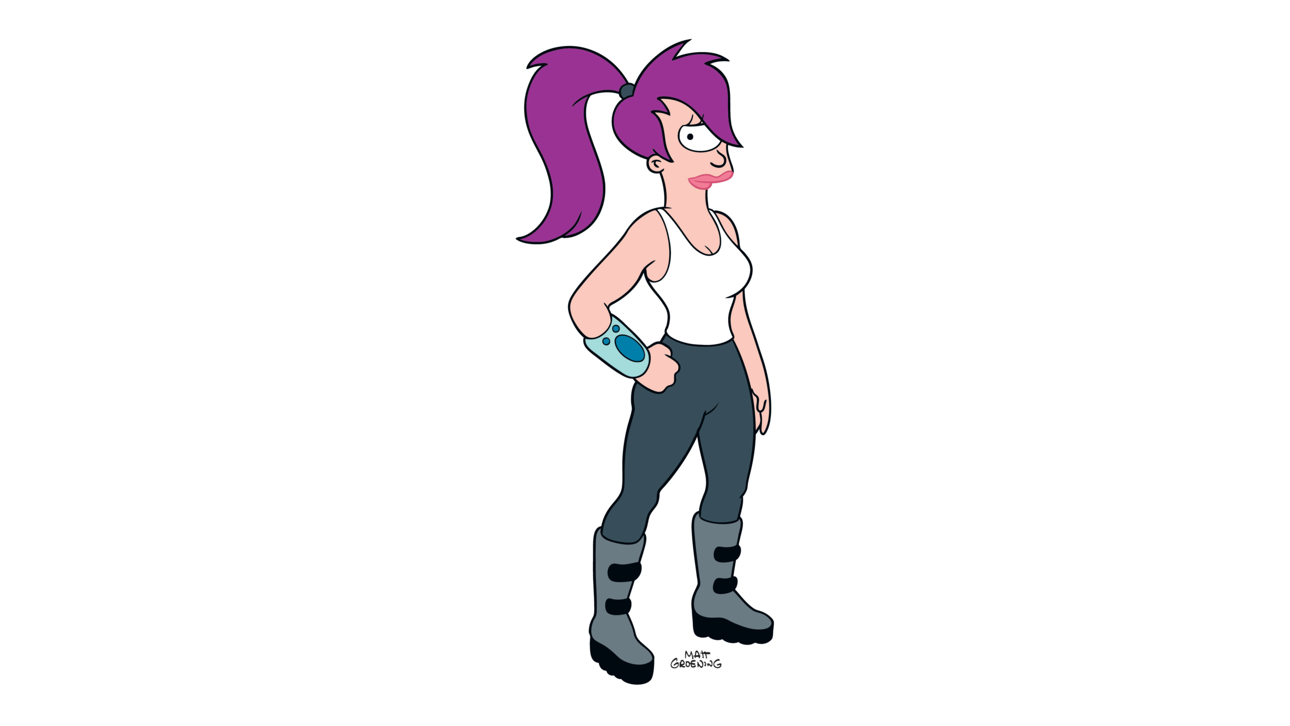 Leela, a single-eyed mutant from Futurama in her purple ponytail and iconic white tank top with dark leggings