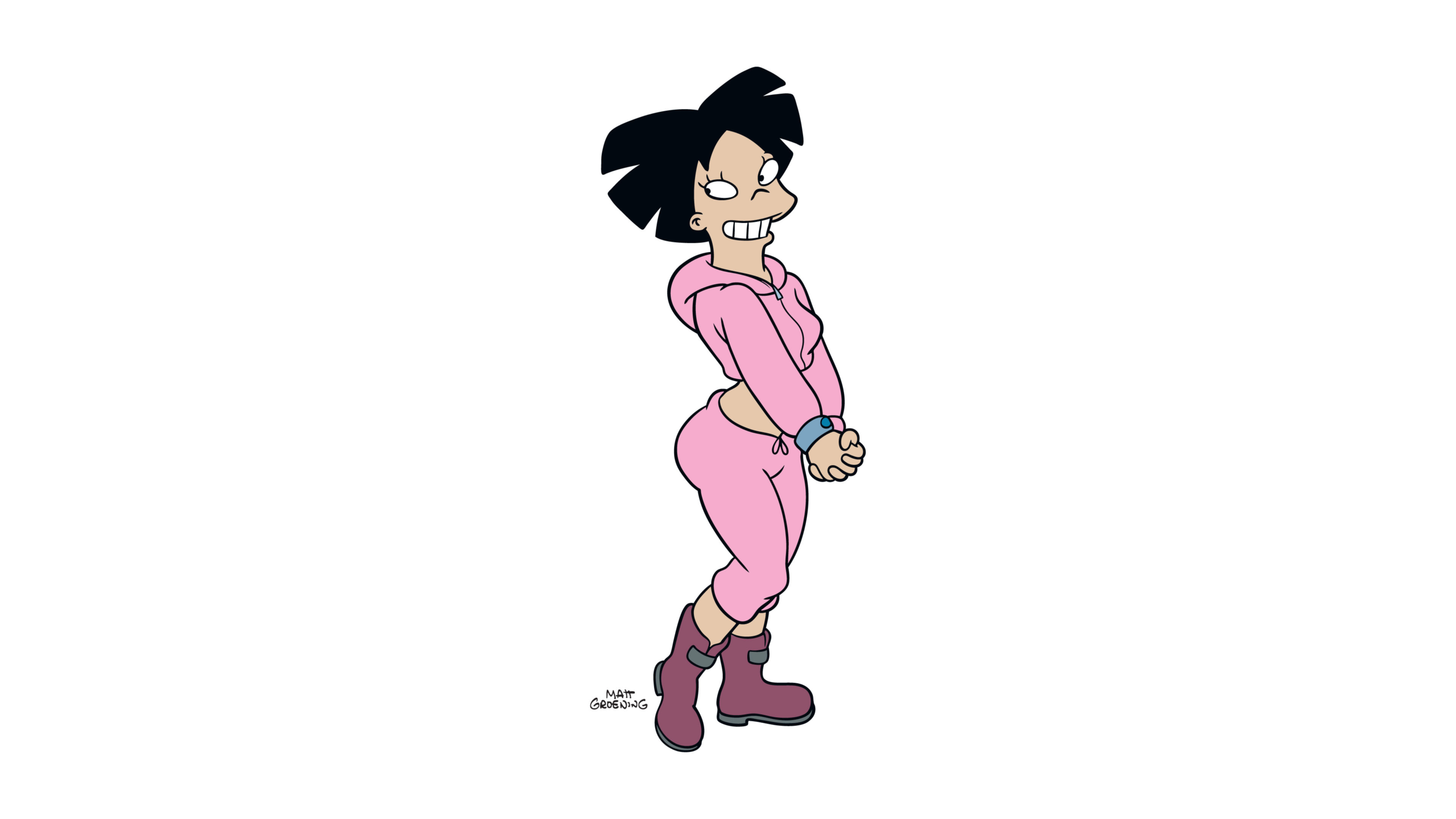Amy in her iconic pink cropped hoodie and matching sweatpants.
