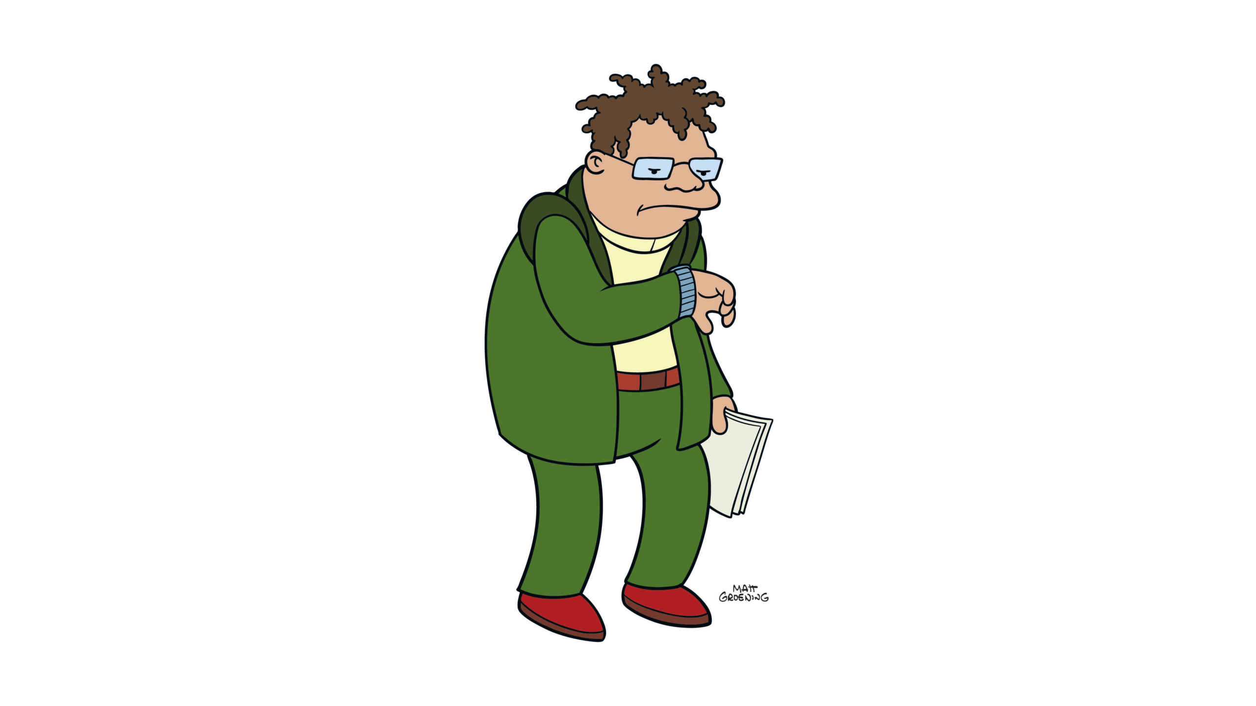 Hermes Conrad wearing his green suit, holding a stack of papers and looking at his watch