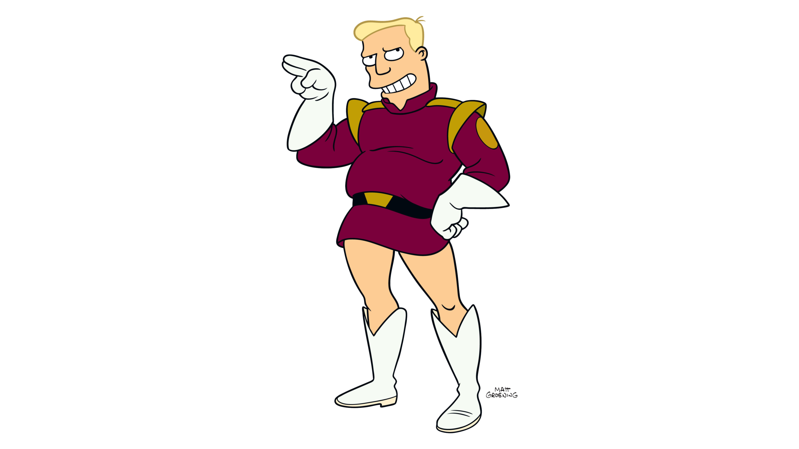 Zapp in his distinctive uniform, which includes high white boots and a short tunic