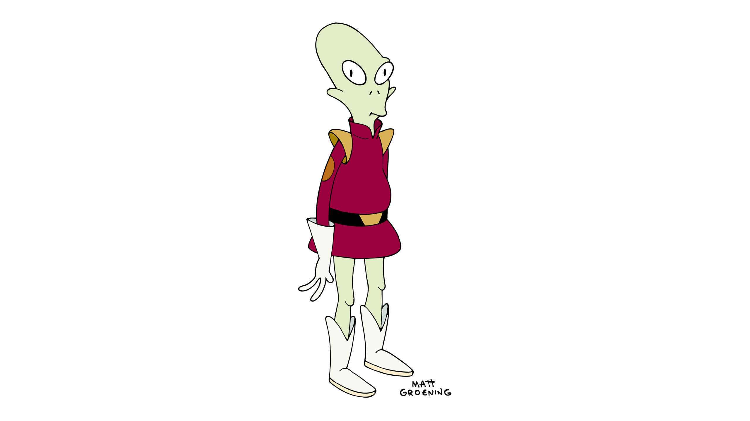 Kif the ailien wearing a uniform of high white boots and a short tunic