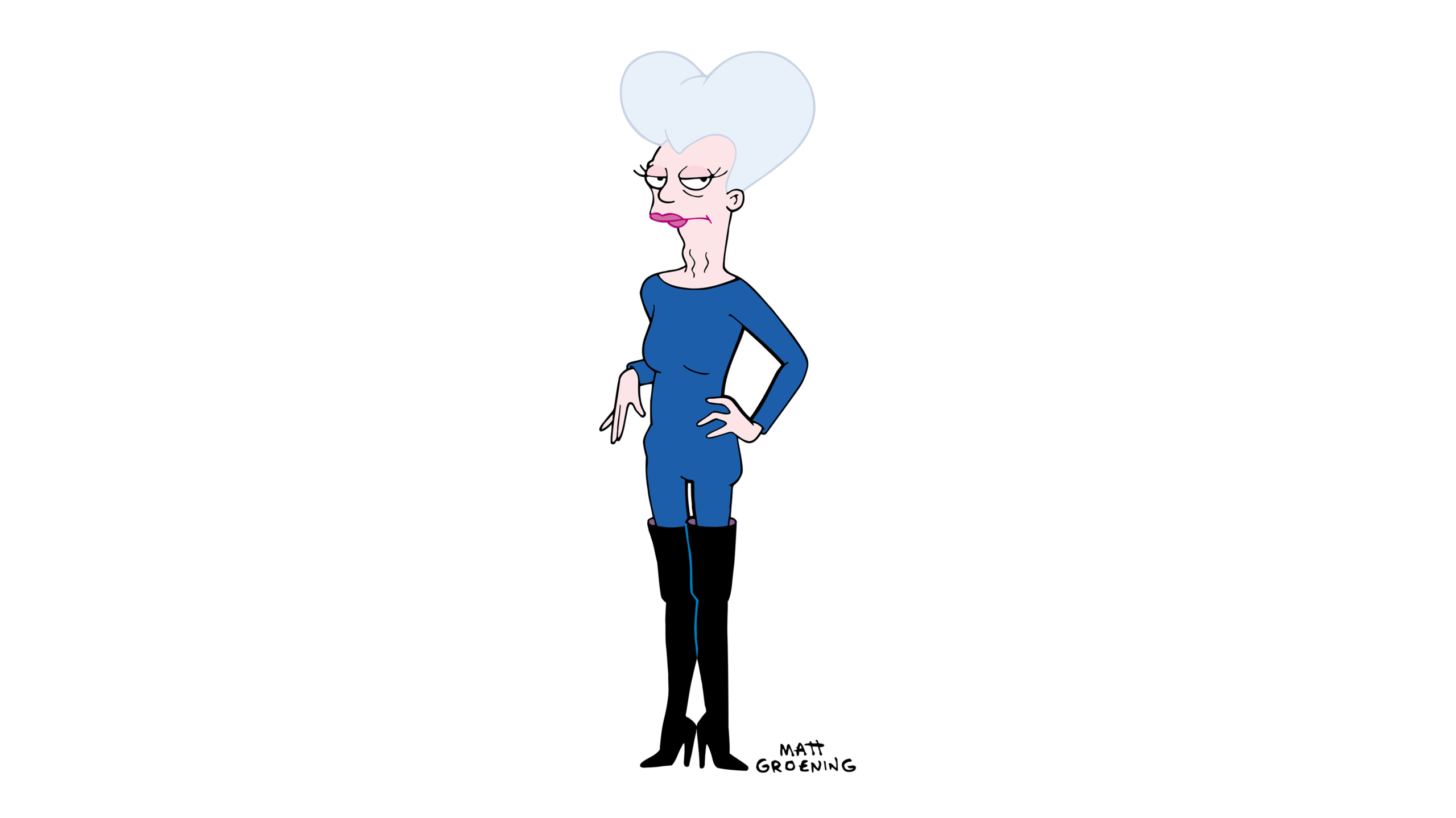 Mom with her big gray updo, wearing a purple leotard and knee-high black boots