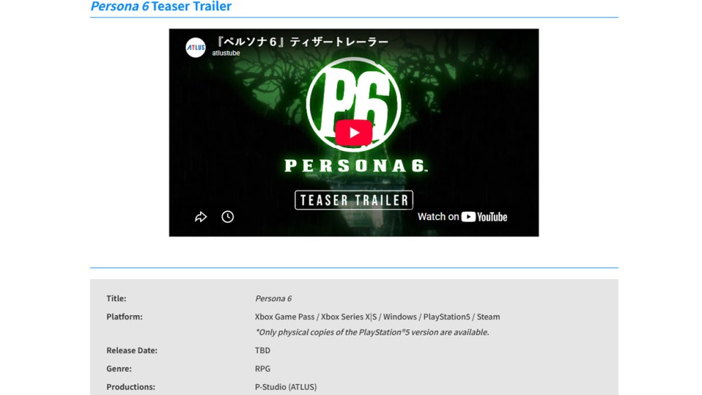 Persona 6 Release Date Update SEGA