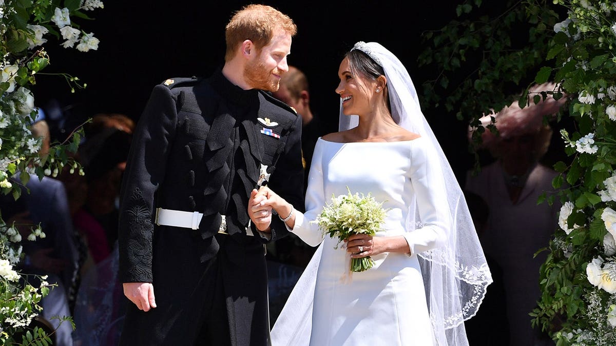 Prince Harry and Meghan, Duchess of Sussex, leave St. George's Chapel in Windsor.