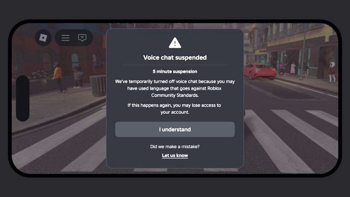 A screenshot of the Roblox safety tool suspending voice chat.