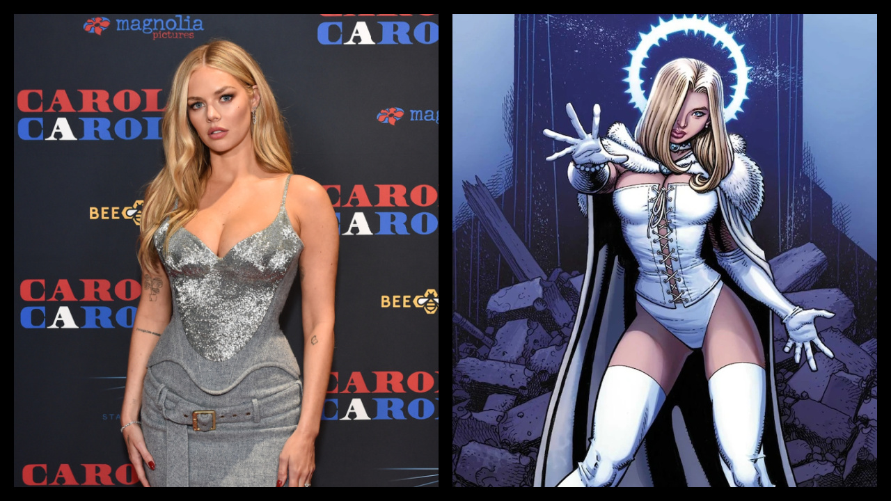(Left) Samara Weaving at the 'Carolina Caroline' Los Angeles Premiere on Thursday, May 28, 2026 at Vidiots Eagle Theater in Los Angeles. Photo credit: Gregg DeGuire / JanuaryImages. (Right) Marvel Comics' Emma Frost. Photo: Marvel Comics.