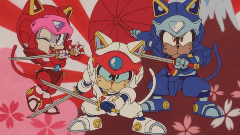 Polly Esther, Speedy Service, and Guido Anchovy posing dramatically in Samurai Pizza Cats