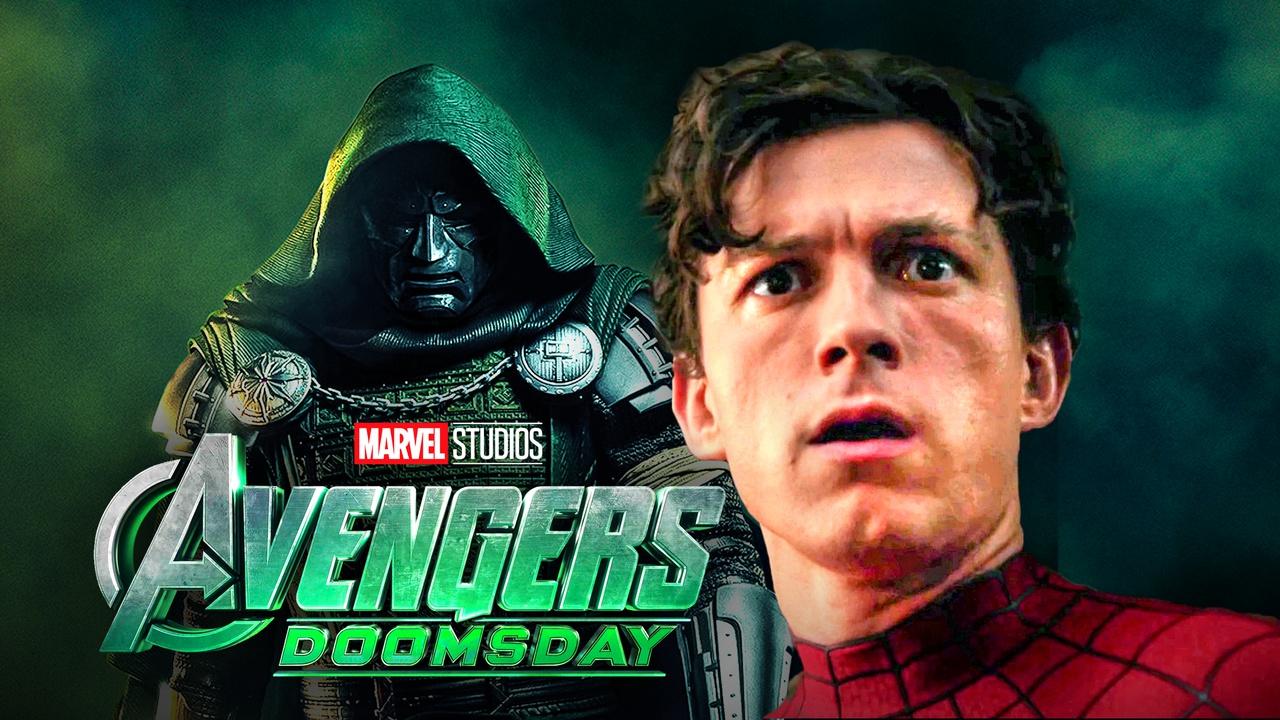 Spider-Man played by Tom Holland, Doctor Doom played by Robert Downey Jr., Avengers Doomsday logo