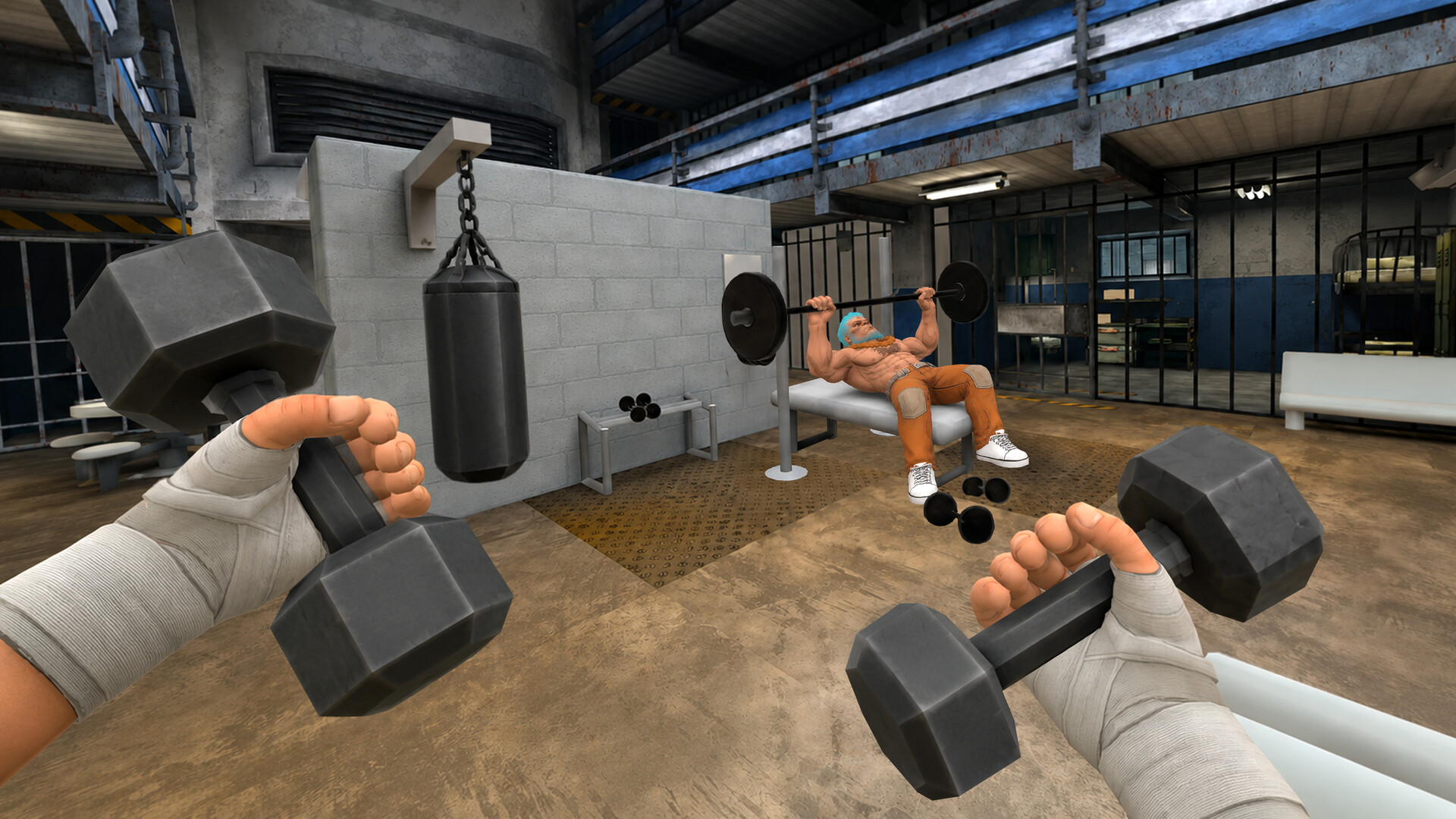 The prison gym in Bad Inmate, with the player holding two dumbbells while an inmate bench presses in the background