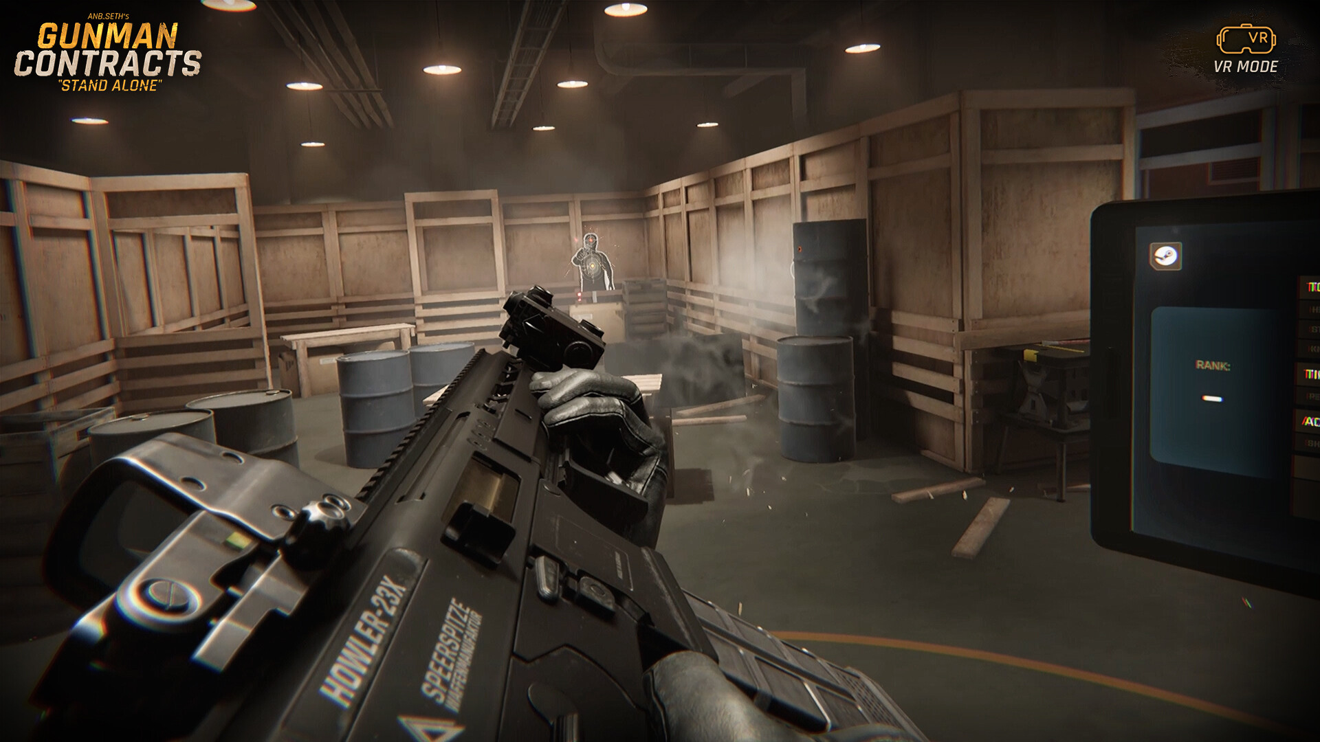 First person VR view in Gunman Contracts Stand Alone, gloved hands holding a rifle marked HOWLER-23X in a wooden shooting range with a paper target downrange and a leaderboard screen to the right