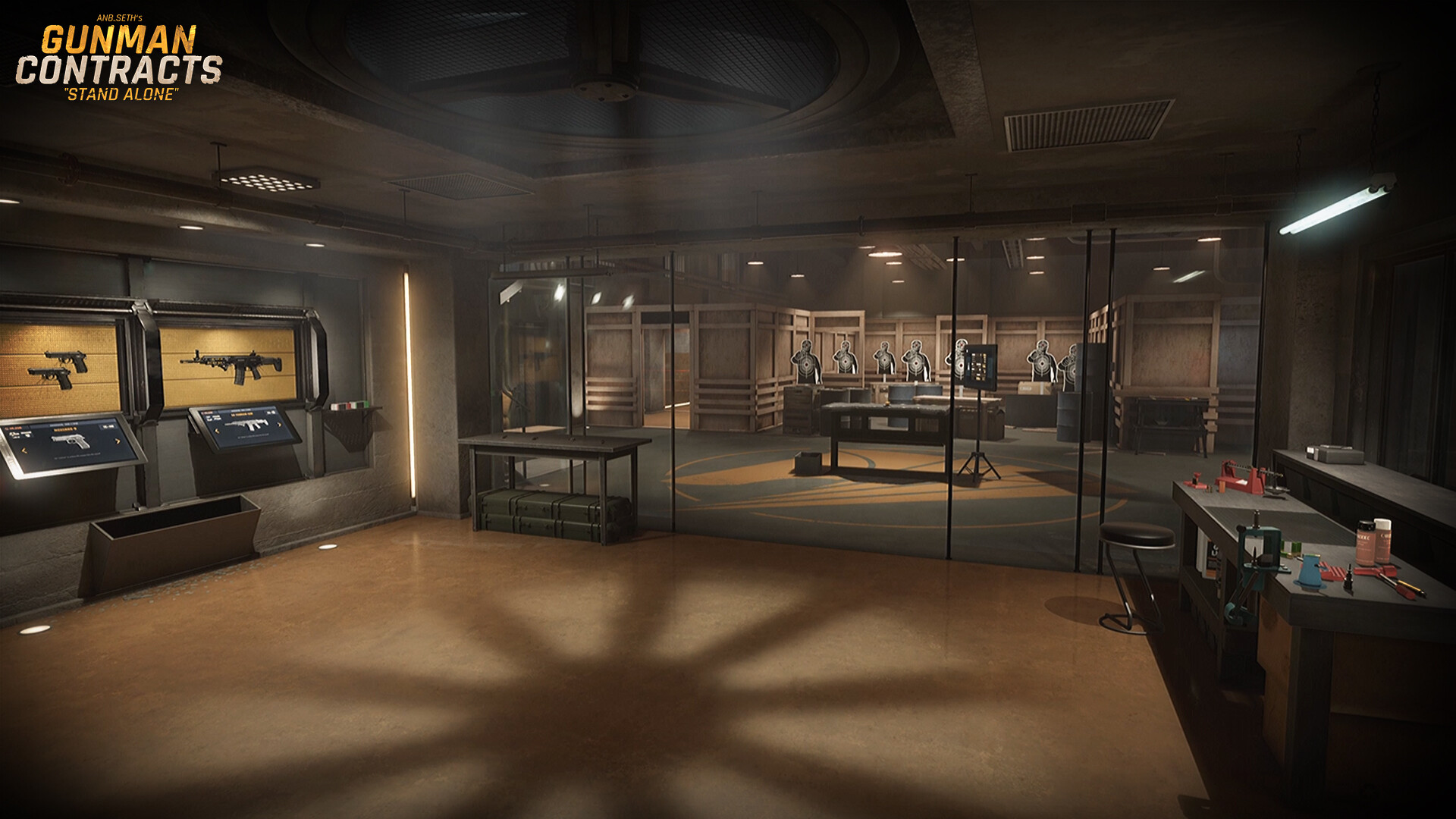The Gunman's base of operations in Gunman Contracts Stand Alone, showing a weapon wall with a pistol and rifle on display, touchscreen kiosks, and an indoor shooting range with paper targets behind glass