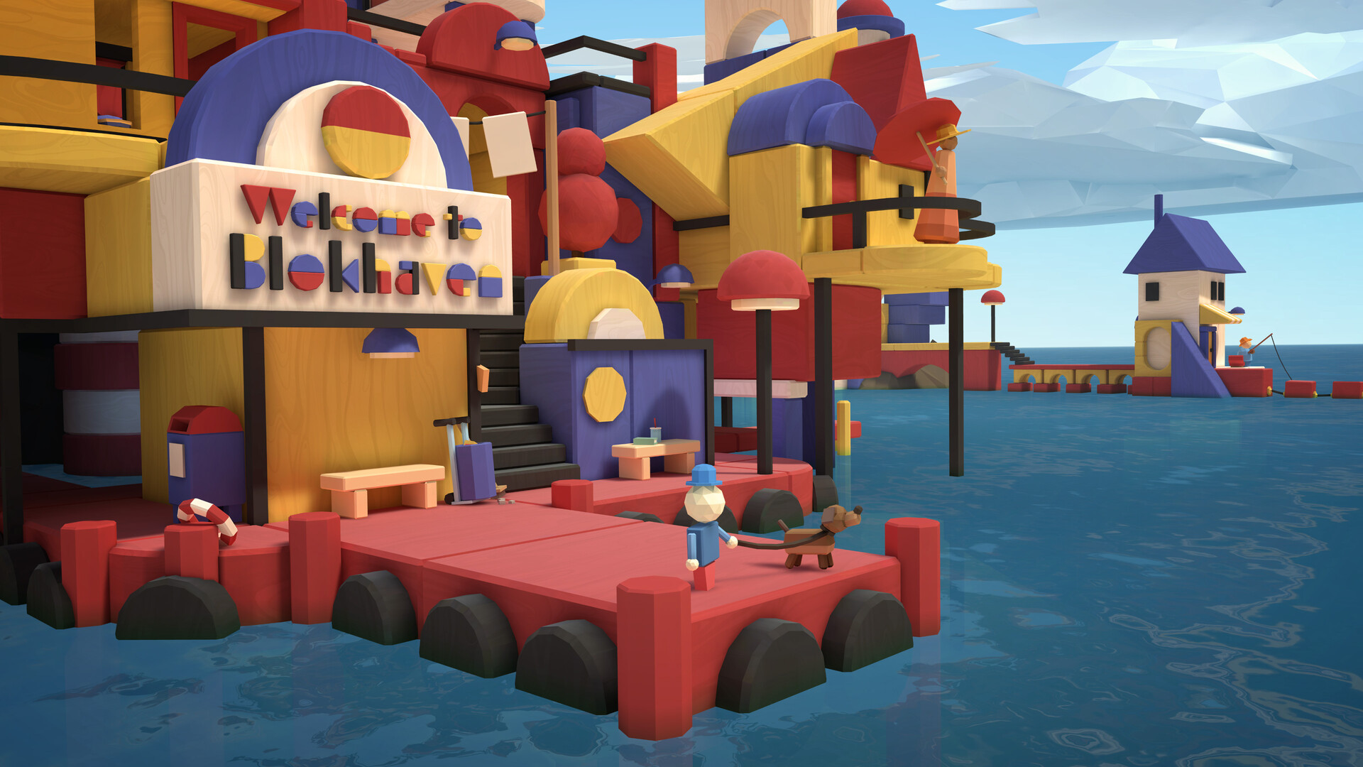 Blokhaven, a seaside town built from brightly colored toy blocks, with a Welcome to Blokhaven sign and a figure walking a dog along a red dock