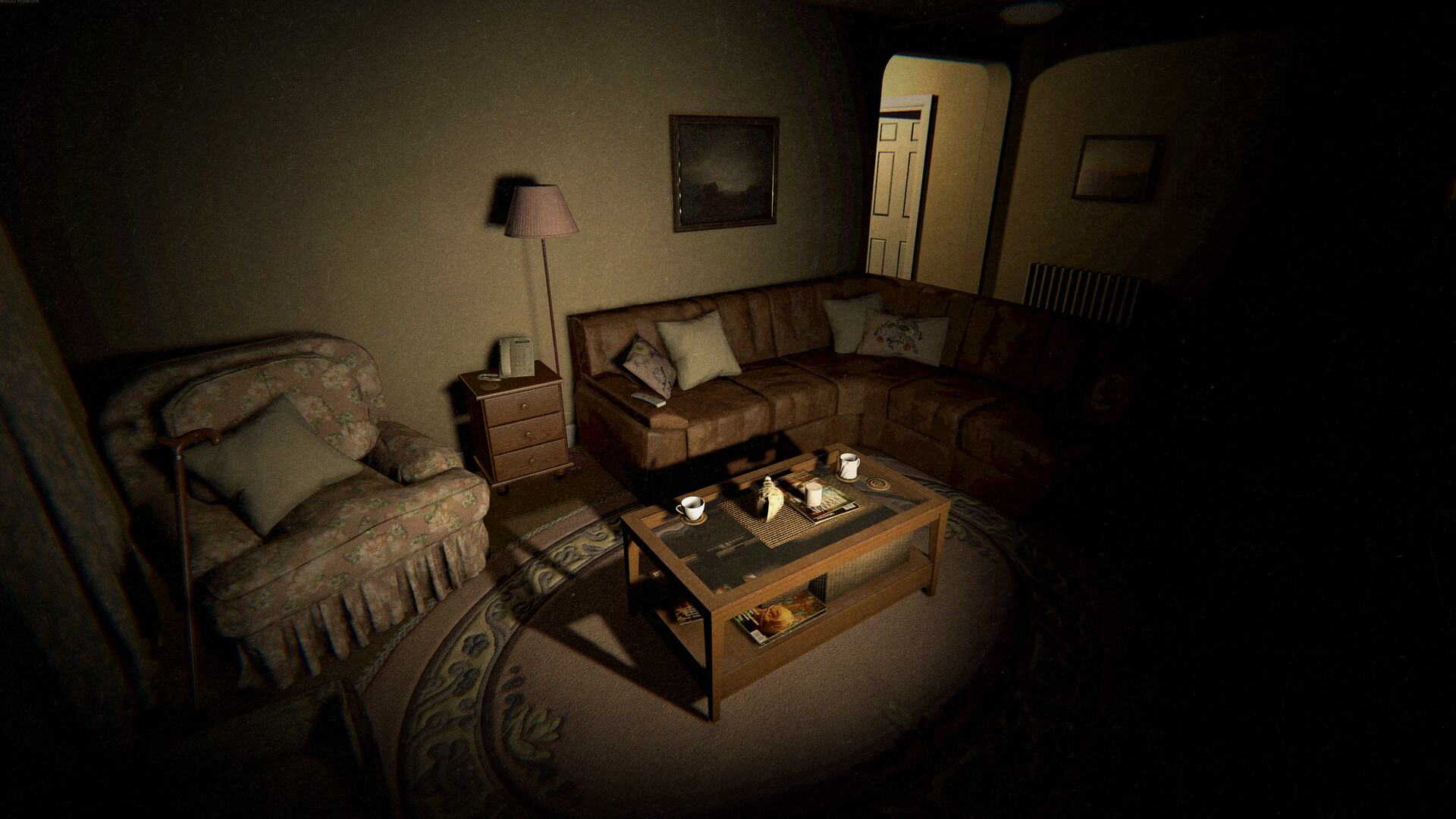 A dark living room in Phasmophobia with a sectional sofa, floral armchair, floor lamp and a glass coffee table holding two mugs
