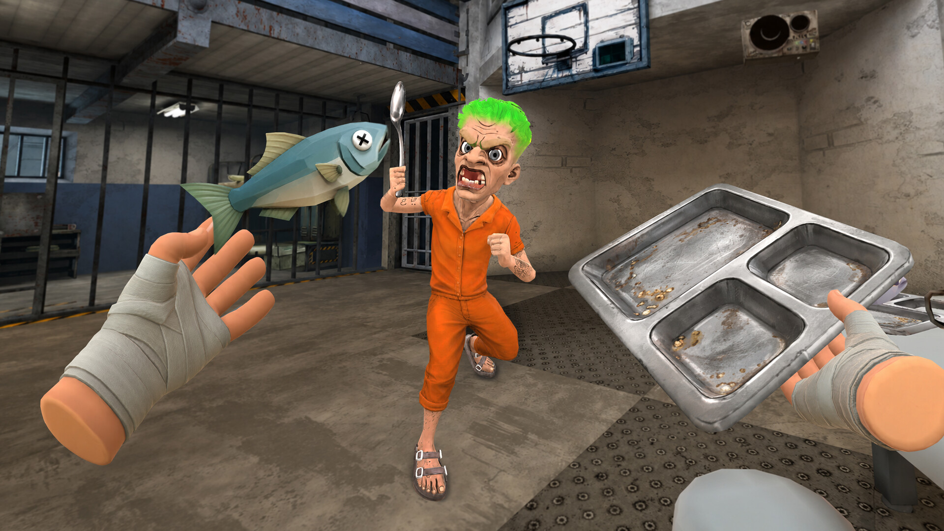 First person view in Bad Inmate holding a fish and a metal food tray while an inmate in orange charges with a spoon