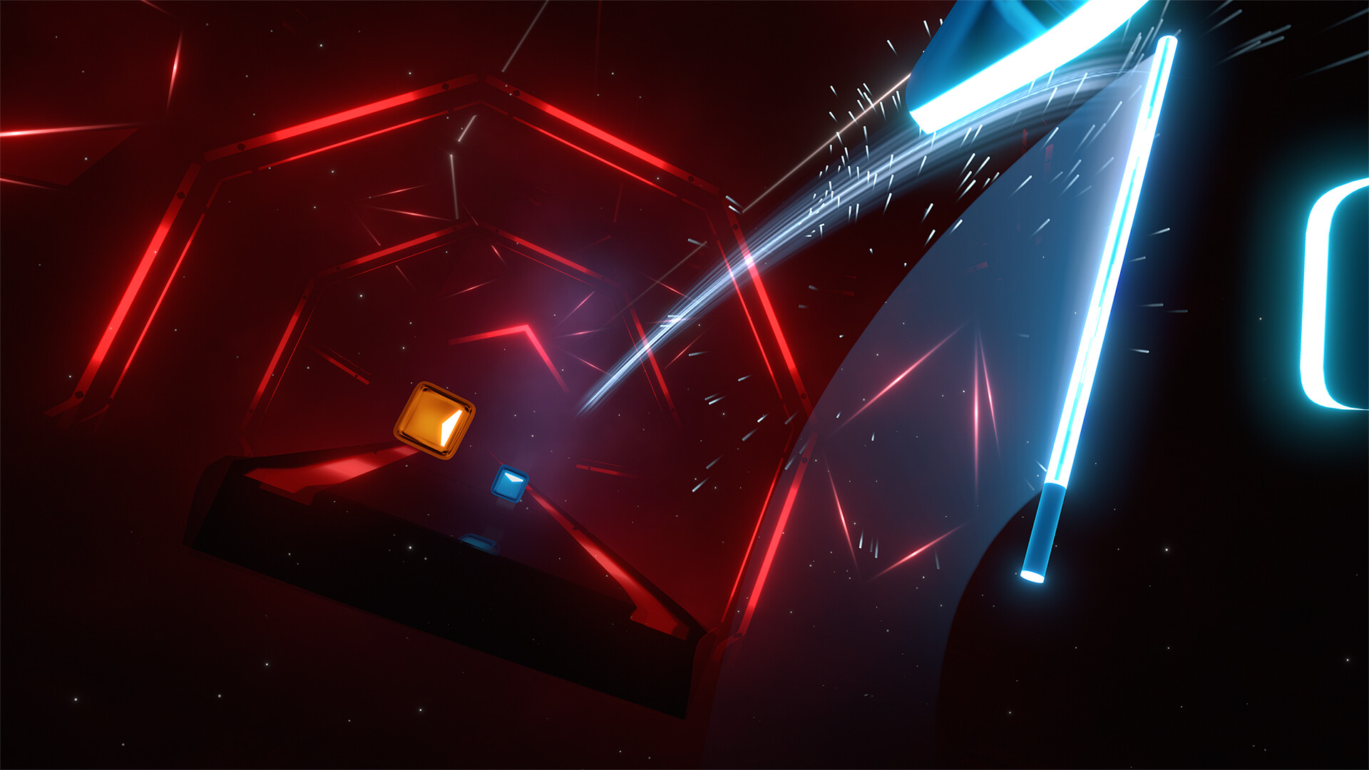 Red and blue sabers slicing an approaching cube in Beat Saber, with a neon tunnel in the background