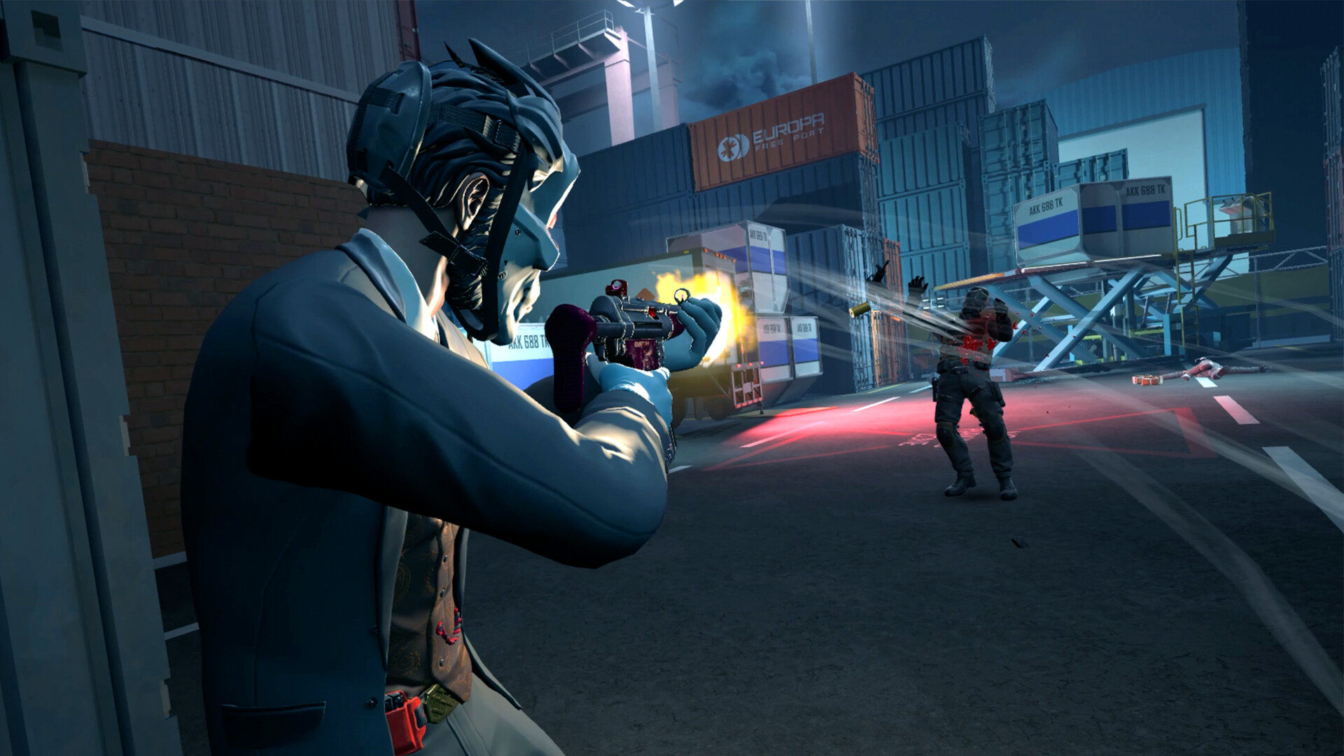 First-person VR view of a suited heister in a snarling mask firing a machine pistol at a Thyone Security guard among stacked shipping containers