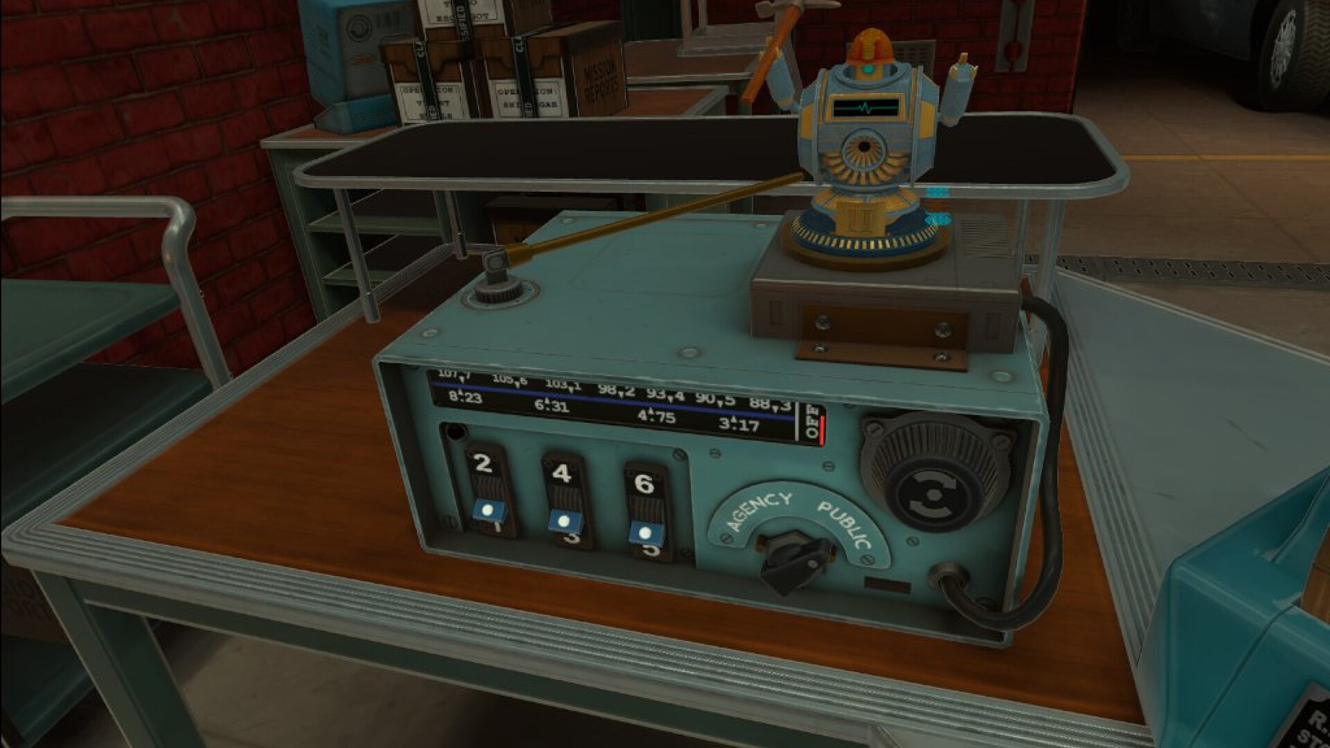 A workbench puzzle in I Expect You To Die 3 with a radio set, dial switches and a small robot