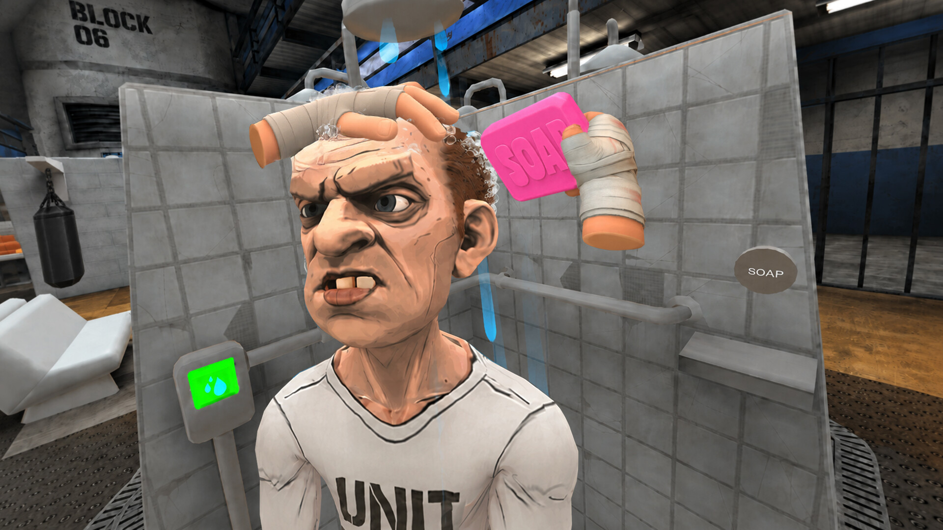 An angry inmate scrubbing his head under a prison shower in Bad Inmate while the player holds a bar of pink soap