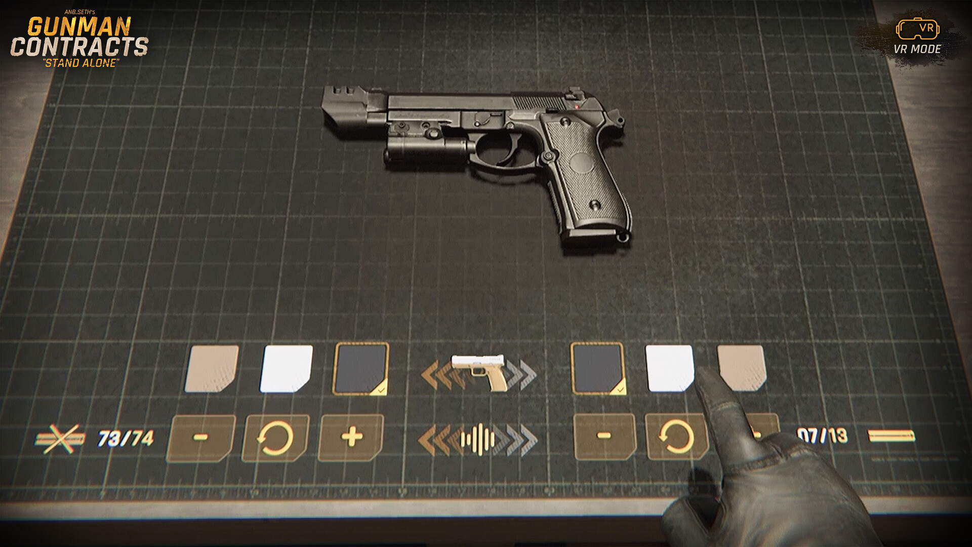 Weapon customisation bench in Gunman Contracts Stand Alone showing a pistol laid on a cutting mat above rows of finish swatches, with a gloved finger reaching toward the options