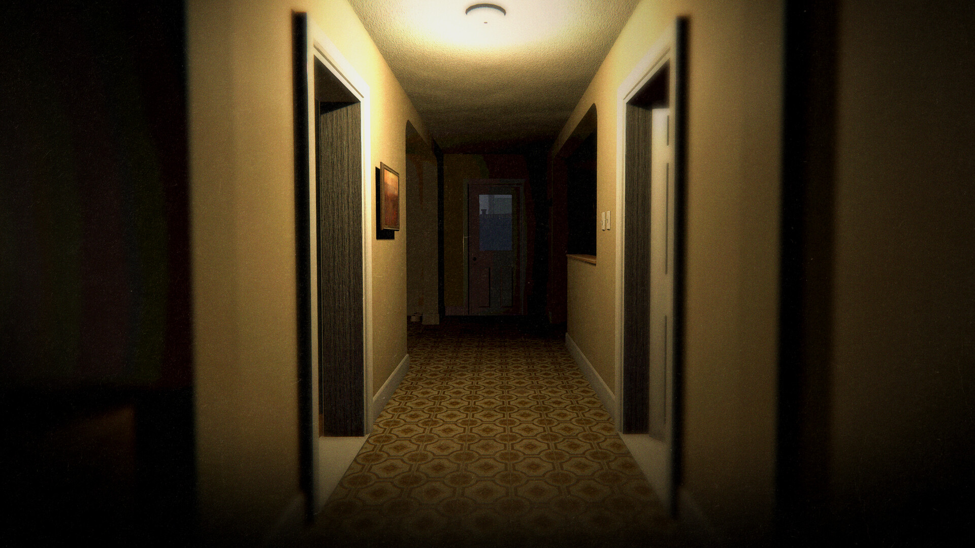 A dim hallway in Phasmophobia with two doors standing open over patterned carpet and a glass-paned door at the far end