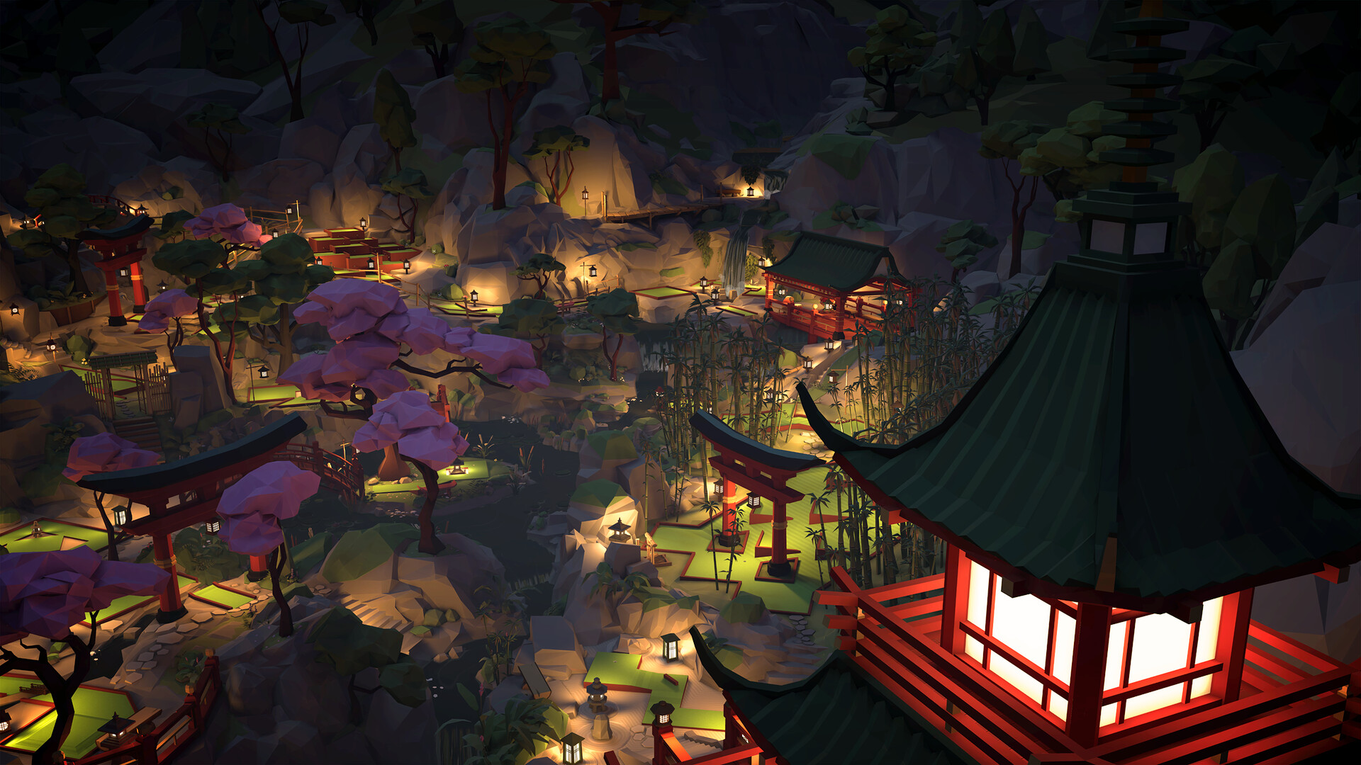 The Cherry Blossom course in Walkabout Mini Golf at night, with lantern-lit greens, torii gates and pagodas in low-poly art style