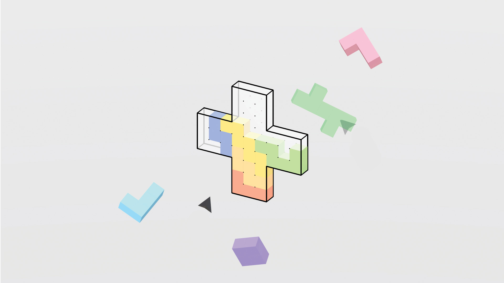 A pastel interlocking block puzzle floating against a clean background in Cubism