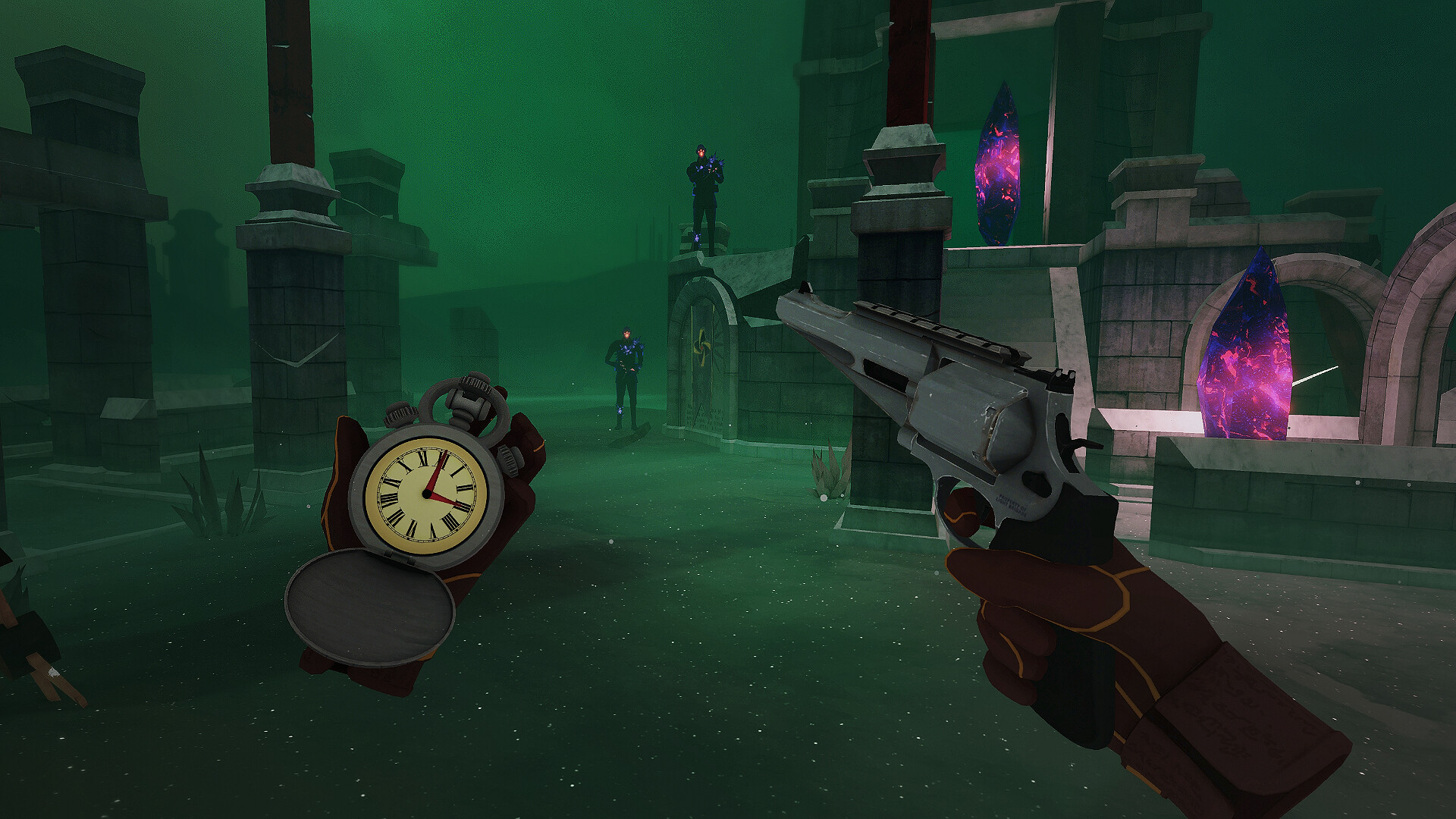 A revolver in one hand and a pocket watch in the other, facing enemies through green fog in The Light Brigade