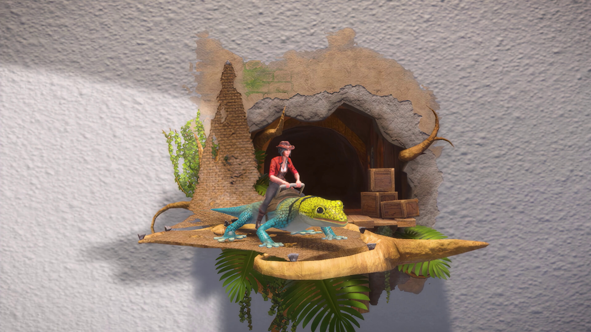 A tiny cave village built into a hole in a real textured wall, with a character riding a lizard, in Wall Town Wonders