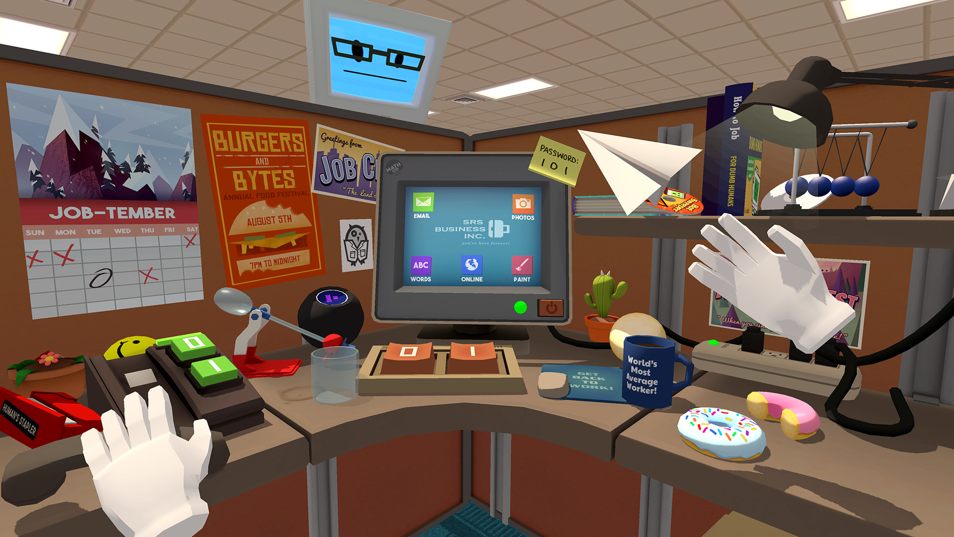 The office cubicle in Job Simulator, with a chunky monitor, a donut and a World's Most Average Worker mug on the desk