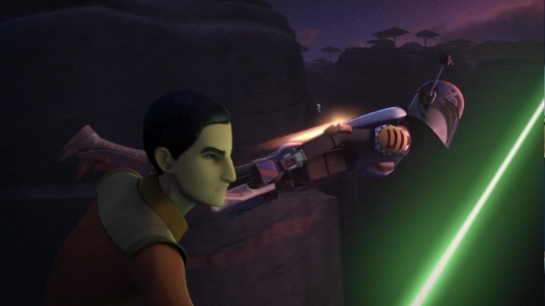 Ezra flying alongside Sabine in Star Wars: Rebels