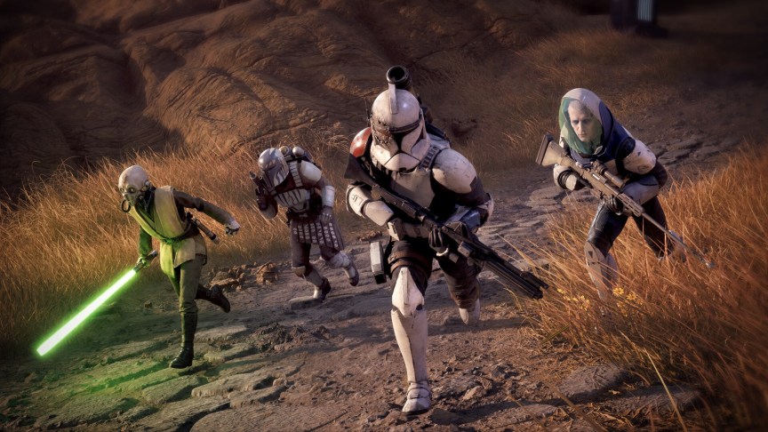 mercenaries charge toward the camera with weapons drawn