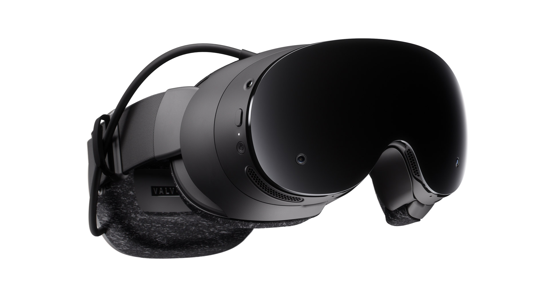 Valve Steam Frame standalone VR headset shown at an angle against a white background