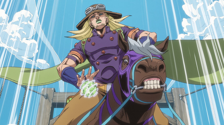 Gyro Zeppeli holds a spinning steel ball while riding a horse in Steel Ball Run: JoJo's Bizarre Adventure