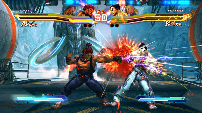 Akuma punches Jin Kayuza in the face in Street Fighter X Tekken