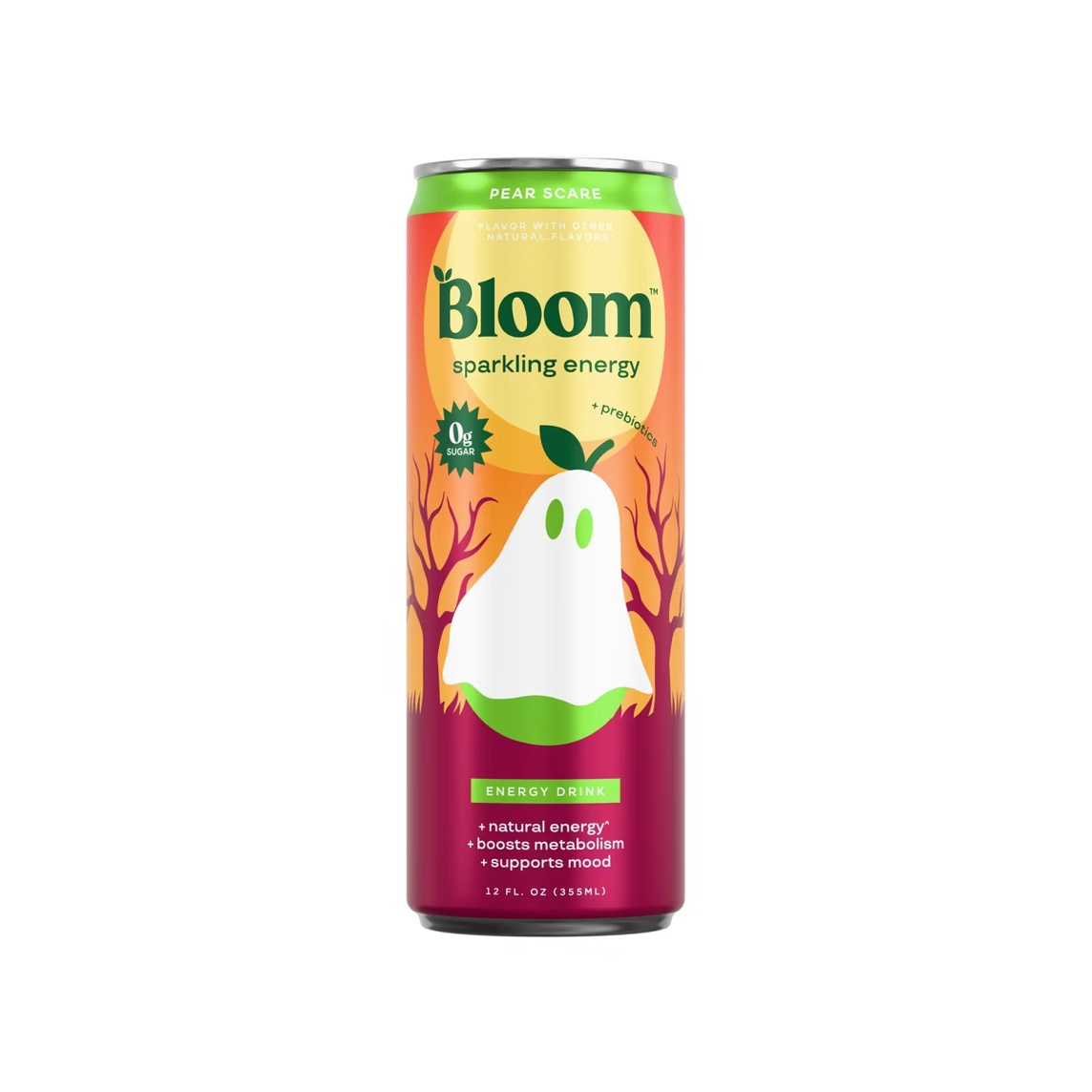 Can of Bloom Sparkling Energy Pear Scare flavor with Halloween ghost artwork on the packaging.