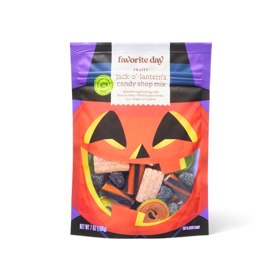 Bag of Favorite Day Jack-O'-Lanterns candy shop mix featuring assorted Halloween candies in a jack-o'-lantern package.