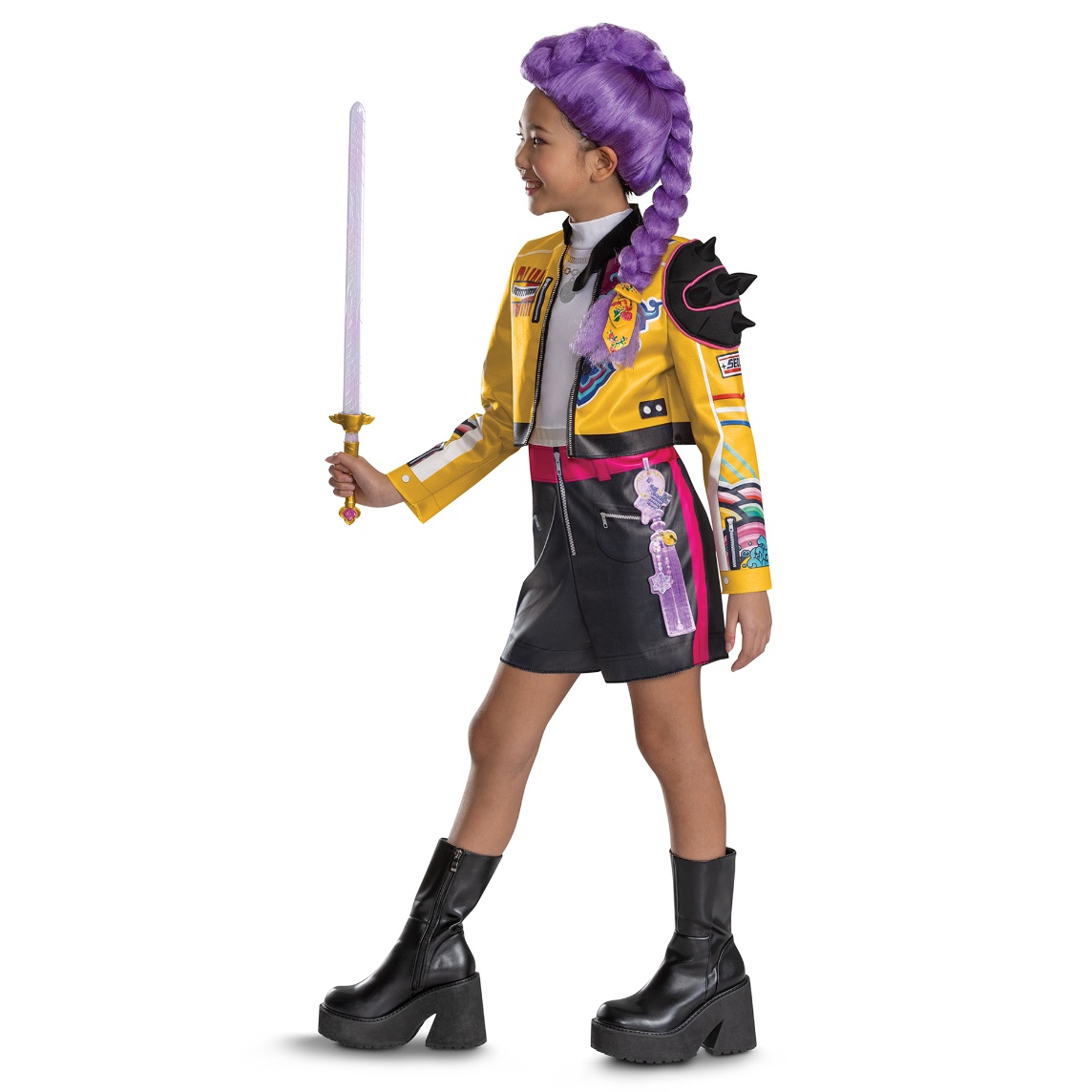 Child wearing a K-Pop Demon Hunters-inspired Halloween costume with a purple braided wig, black boots and a toy sword.
