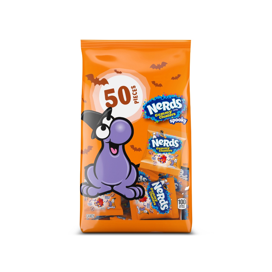 Bag of Nerds Gummy Clusters Halloween Variety Mix featuring 50 individually wrapped candy packs in Halloween-themed packaging