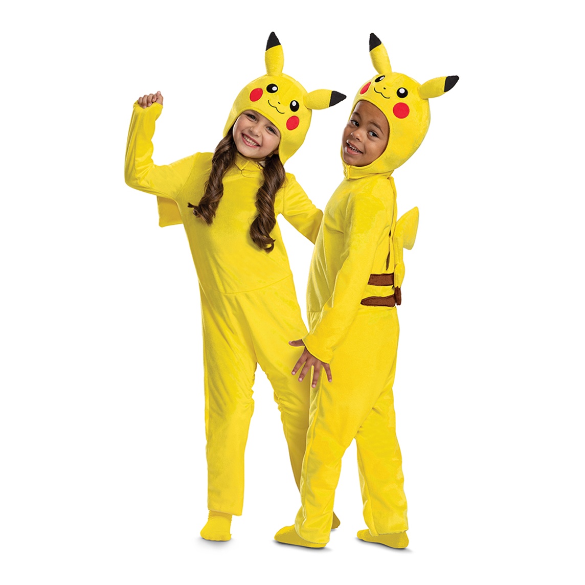 Two children wearing matching yellow Pikachu Halloween costumes with hooded character faces and tails.