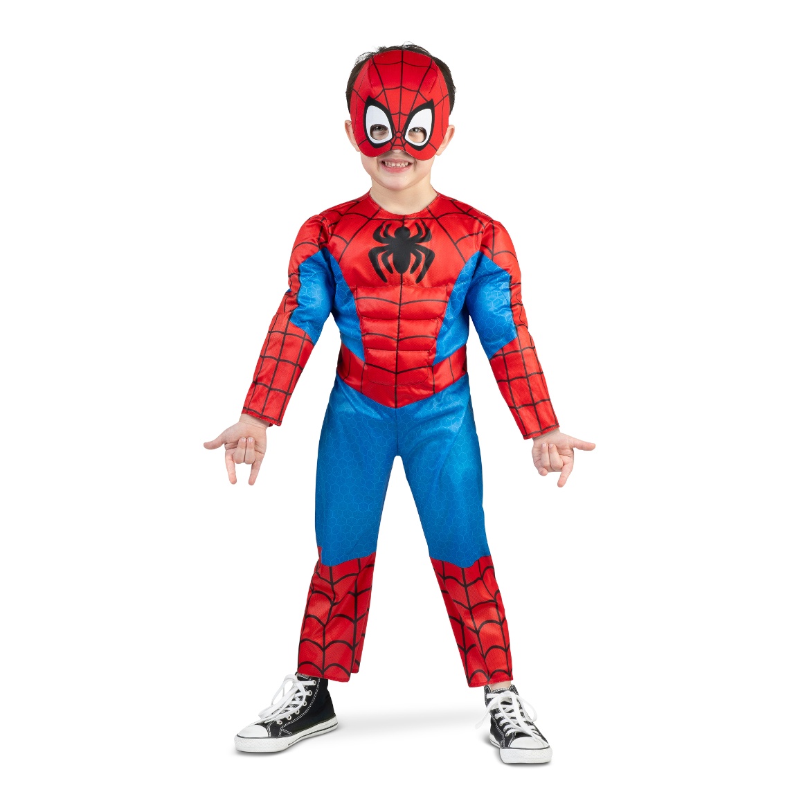 Child wearing a red and blue Spider-Man Halloween costume.