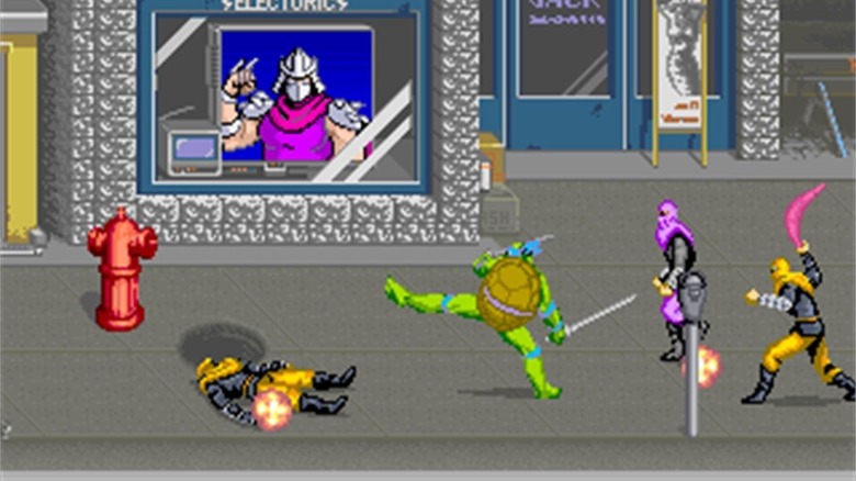 Leonardo fights Foot Soldiers in the streets of Manhattan in Teenage Mutant Ninja Turtles