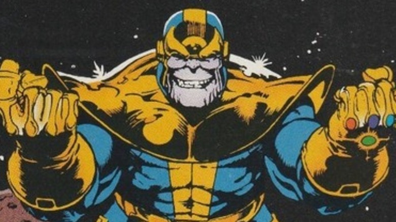 Thanos grinning evilly and taking a fighting stance in "The Infinity Gauntlet" (1991)