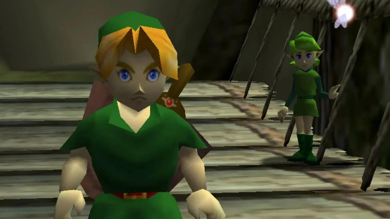 Saria stands behind Link on a wooden bridge in The Legend of Zelda: Ocarina of Time