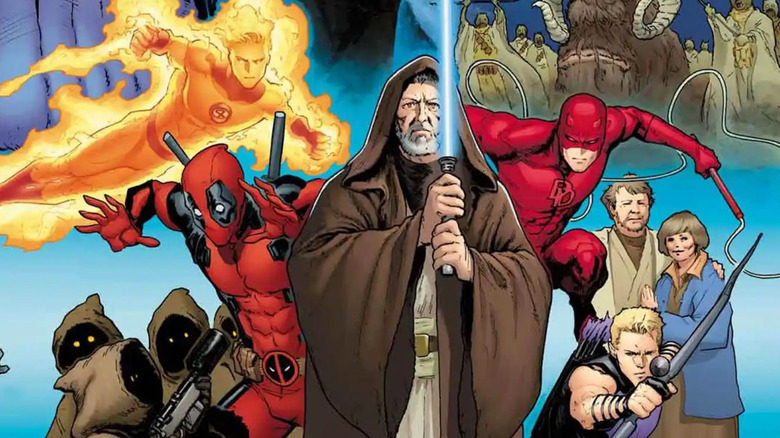 Obi-Wan Kenobi, Human Torch, Daredevil, Owen Lars, Beru Lars, Hawkeye, Jawas, and Deadpool come together in "Star Wars/Marvel: Hope Assembles"