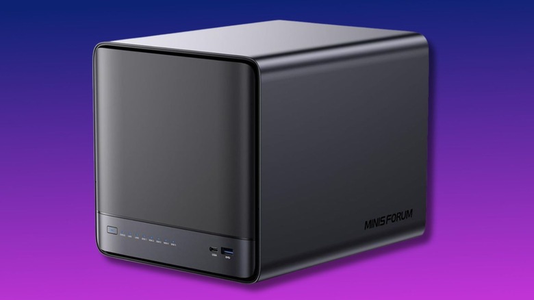 The Minisforum N5 on a purple gradient background